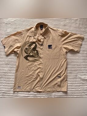 Phat Farm Vintage Beige Short-Sleeve Button-Down with Chest Graphic XXL